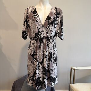 Boho Chic Cottage Soma Short Sleeve Kimono Faux Wrap Dress Floral Pockets Lg